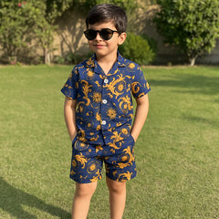 Baby/boy summer Navy blue and golden printed style shirt and short