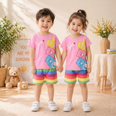 PINK LOVE BEAR PRINT SHORT-SLEEVE TEE & SHORTS SET