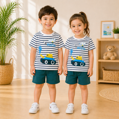 YELLOW & BLUE TANK PRINTED SHORT SLEEVE KIDS WEAR