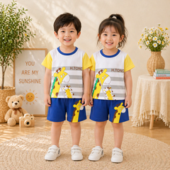 YELLOW AND BLUE PRINTED SHORT SLEEVE KIDS WEAR