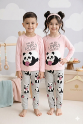 Lovely Panda Kids Pajama Set Pink & Grey – Cute Cartoon Night Suit for Girls