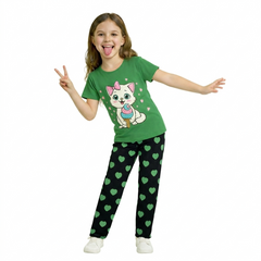 GREEN CAT WITH BLACK PAJMA PRINTED KIDS WEAR