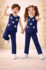 Blue : Girls Stylish Sleeveless Top & Wide-Leg Pants Co-Ord Set