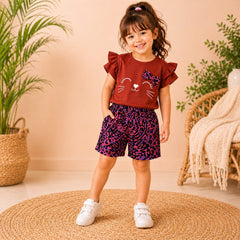 MAROON MEOW WITH MULTI SHORT KIDS WEAR