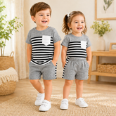 GREY AND WHITE PANEL SHORTS SET