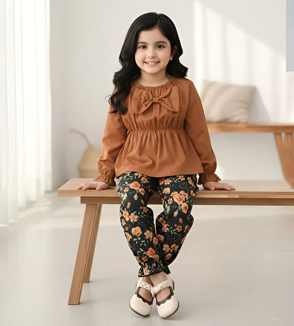Baby Girl Elegant Brown Floral Outfit Set
