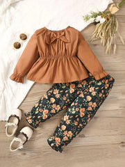 Baby Girl Elegant Brown Floral Outfit Set
