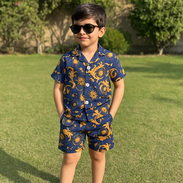 Baby/boy summer Navy blue and golden printed style shirt and short