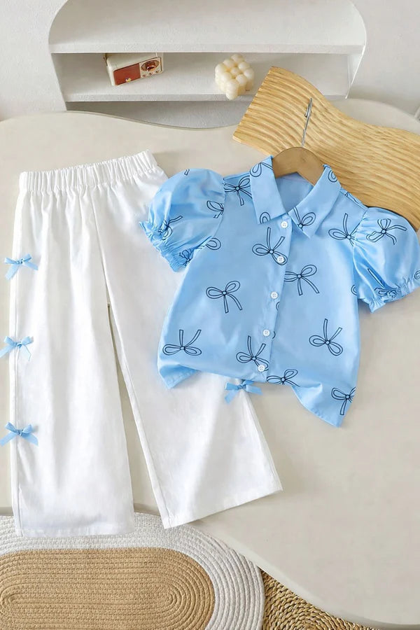 Baby Girl Sky Blue Bow Shirt & Pants Set