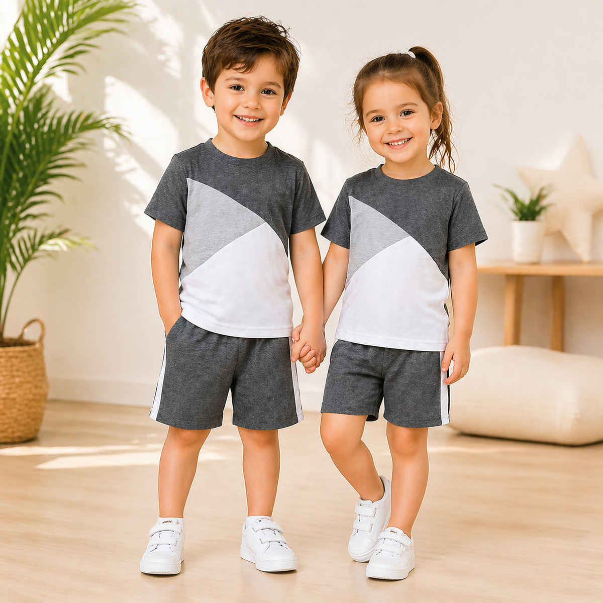GREY PANEL T-SHIRT SHORTS SET
