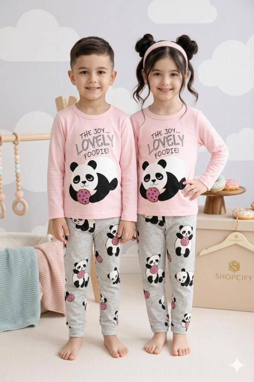 Lovely Panda Kids Pajama Set Pink &amp; Grey – Cute Cartoon Night Suit for Girls