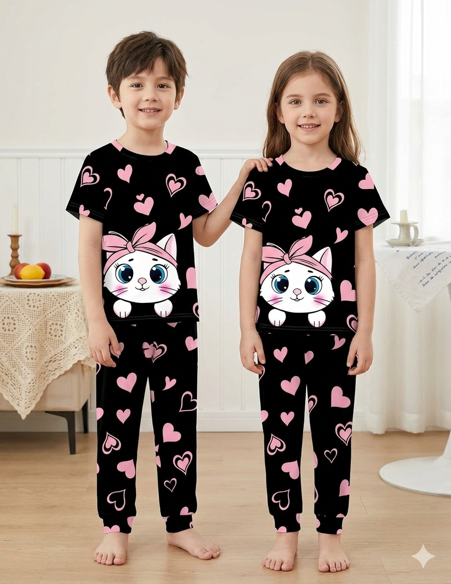 Black Kitty with black hearts  Printed Kids Wear