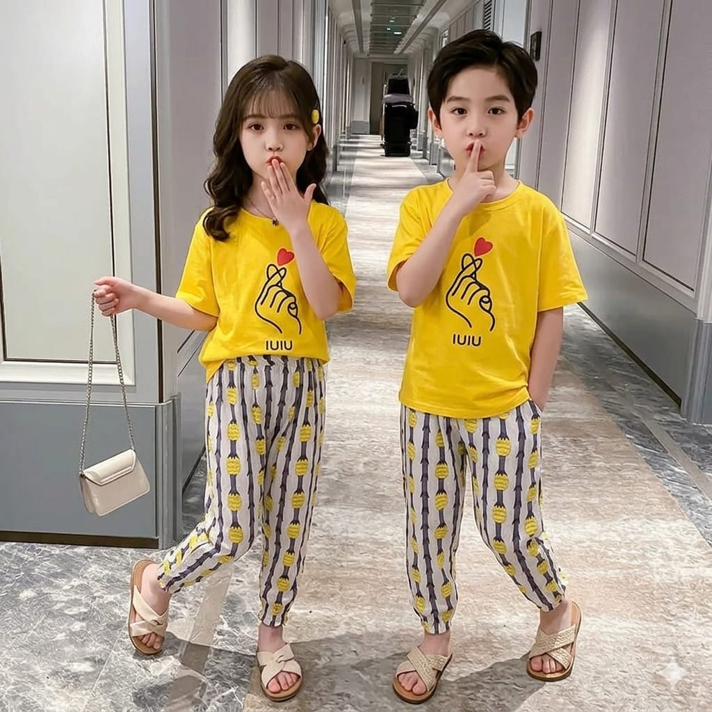 Baby Or Baba Yellow Hand Print Half Sleeves T-shirt With Pineapple Printed Pajama Night Suit for Kids (1 Pcs)