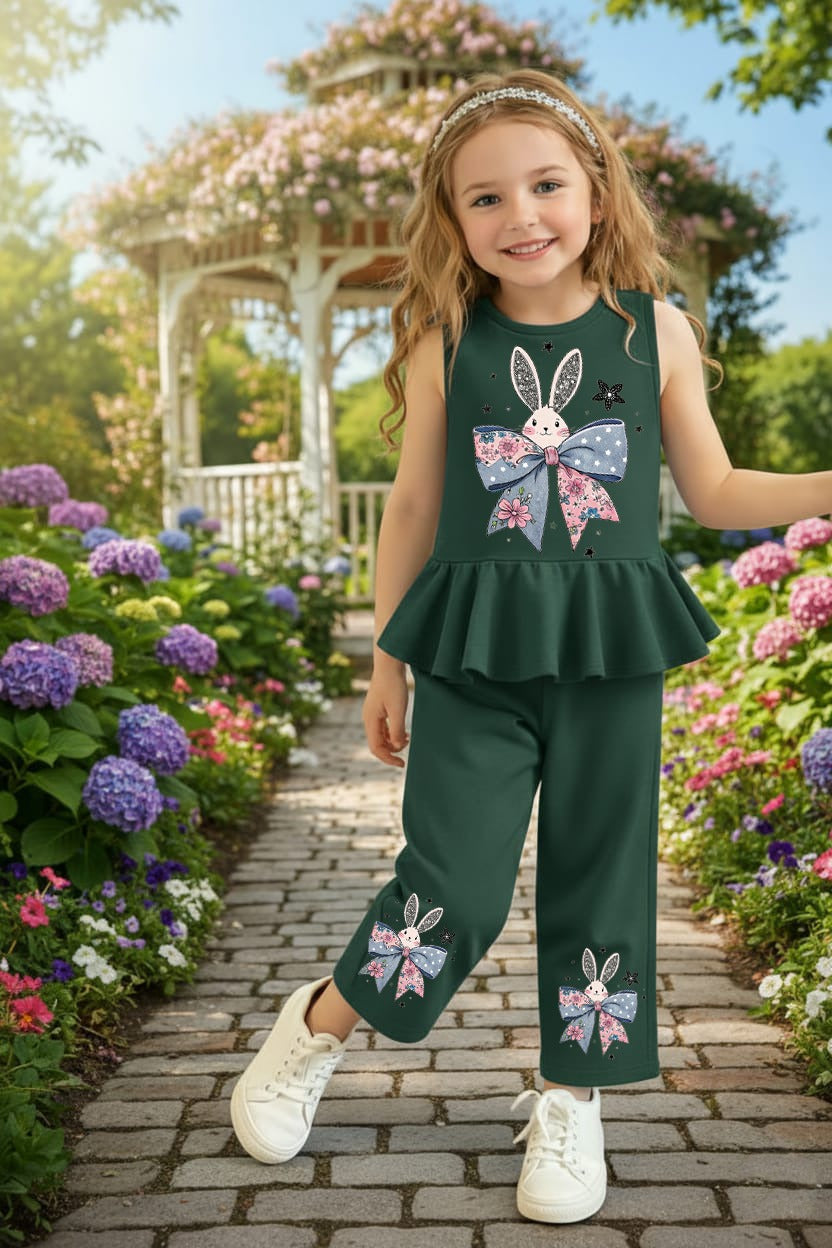 Dark Green Bunny Bloom Kids Pajama Set