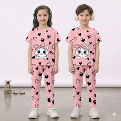 Pink Kitty with black hearts  Printed Kids Wear