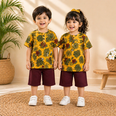 Kids Summer Twin Set  Floral Yellow Shirt &amp; Maroon Shorts