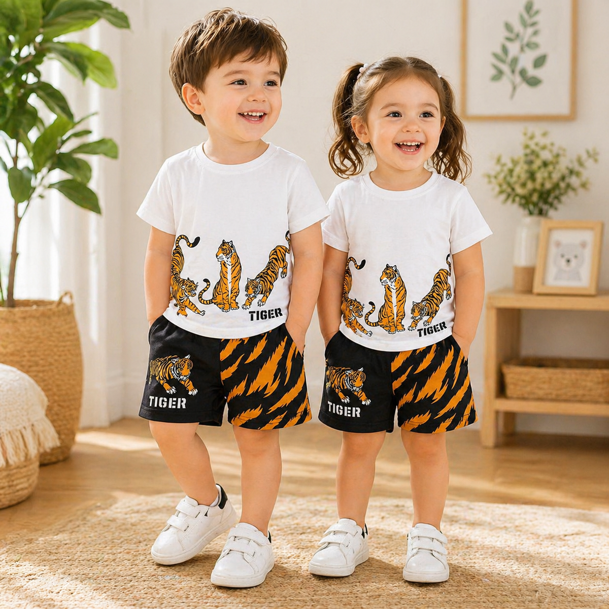 WHITE & GOLDEN TIGER PRINTED SHORT SLEEVE KIDS WEAR