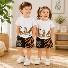 WHITE & GOLDEN TIGER PRINTED SHORT SLEEVE KIDS WEAR